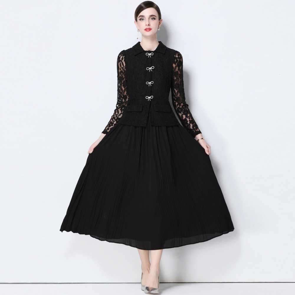 With belt Pseudo-two dress pleated long dress