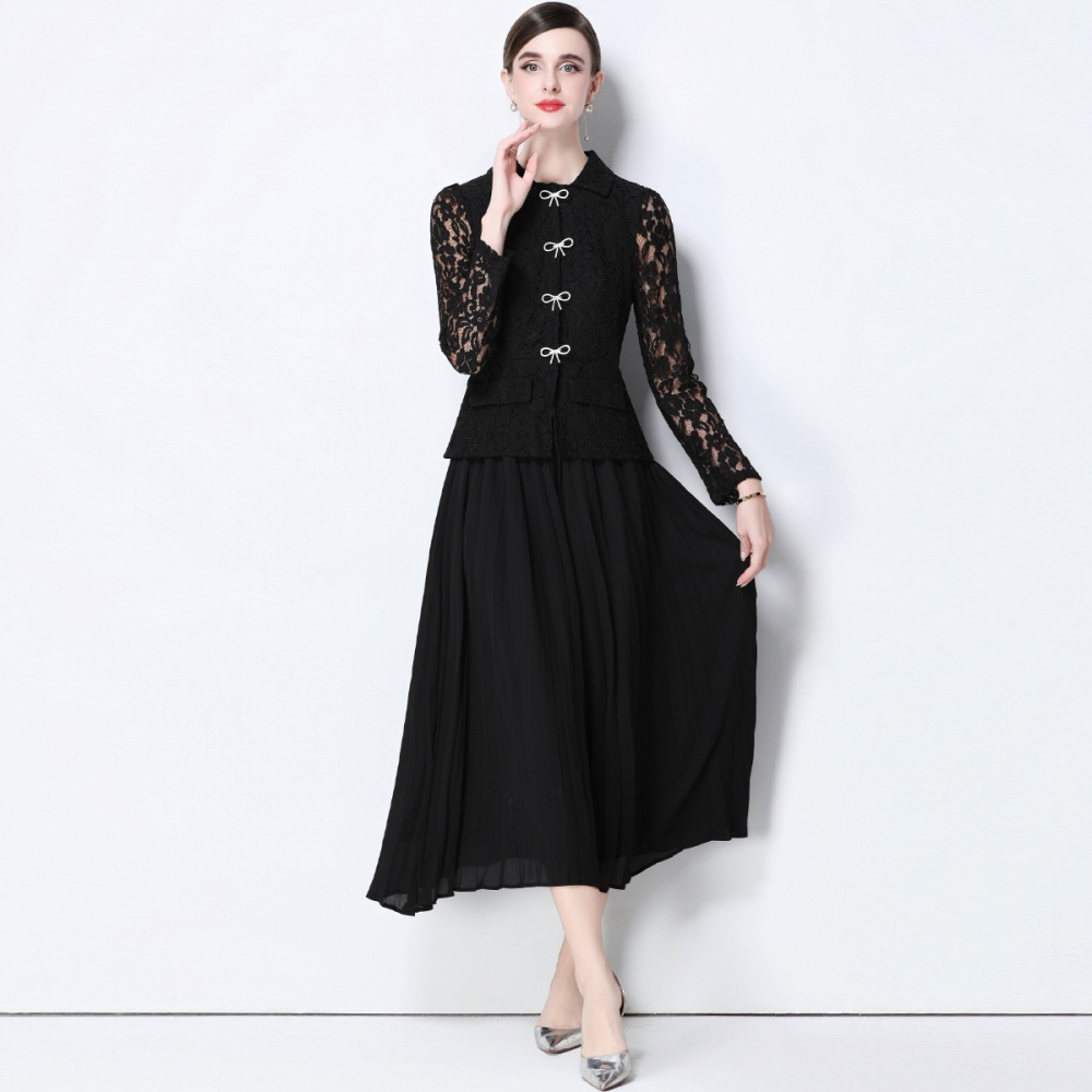 With belt Pseudo-two dress pleated long dress