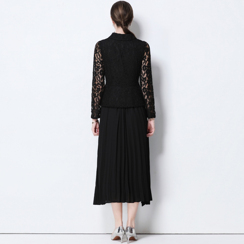 With belt Pseudo-two dress pleated long dress