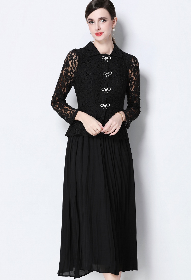 With belt Pseudo-two dress pleated long dress