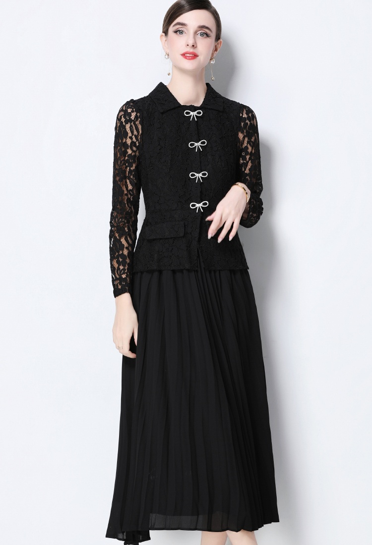 With belt Pseudo-two dress pleated long dress