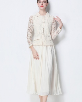 Lace retro long dress pinched waist dress for women
