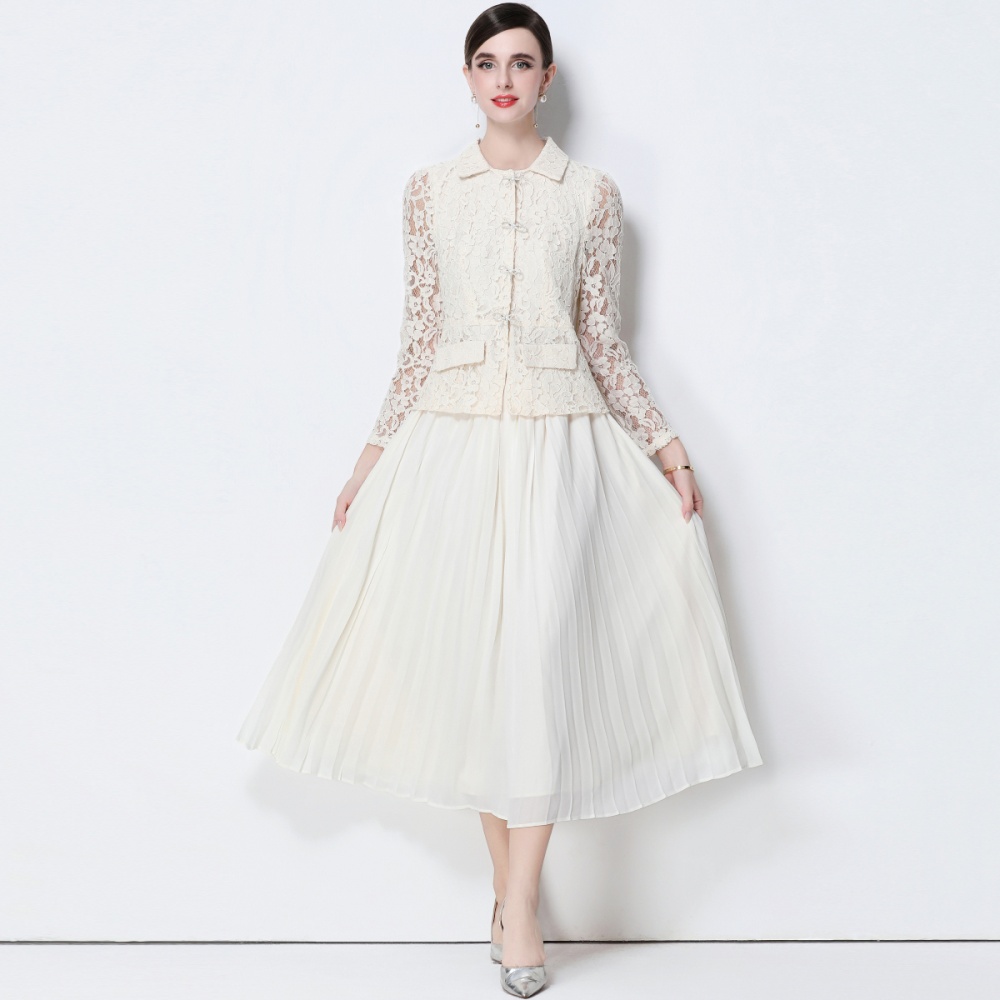 Lace retro long dress pinched waist dress for women