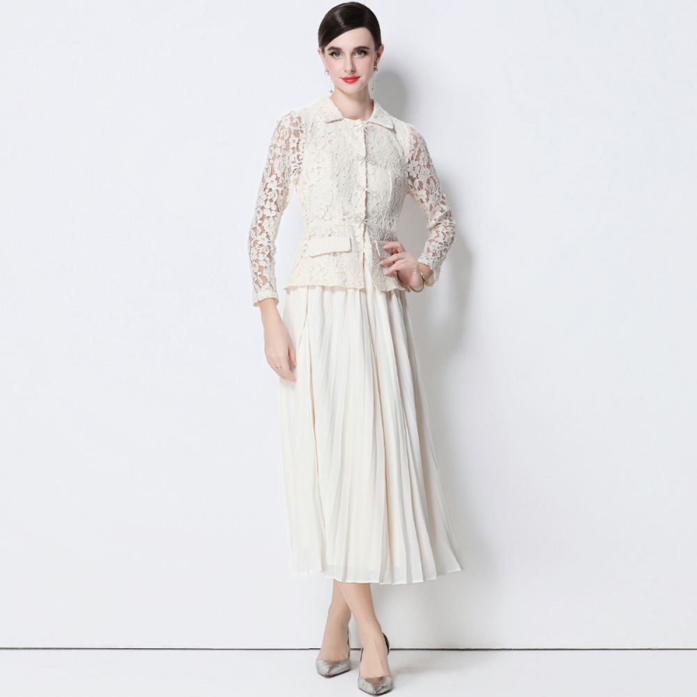 Lace retro long dress pinched waist dress for women