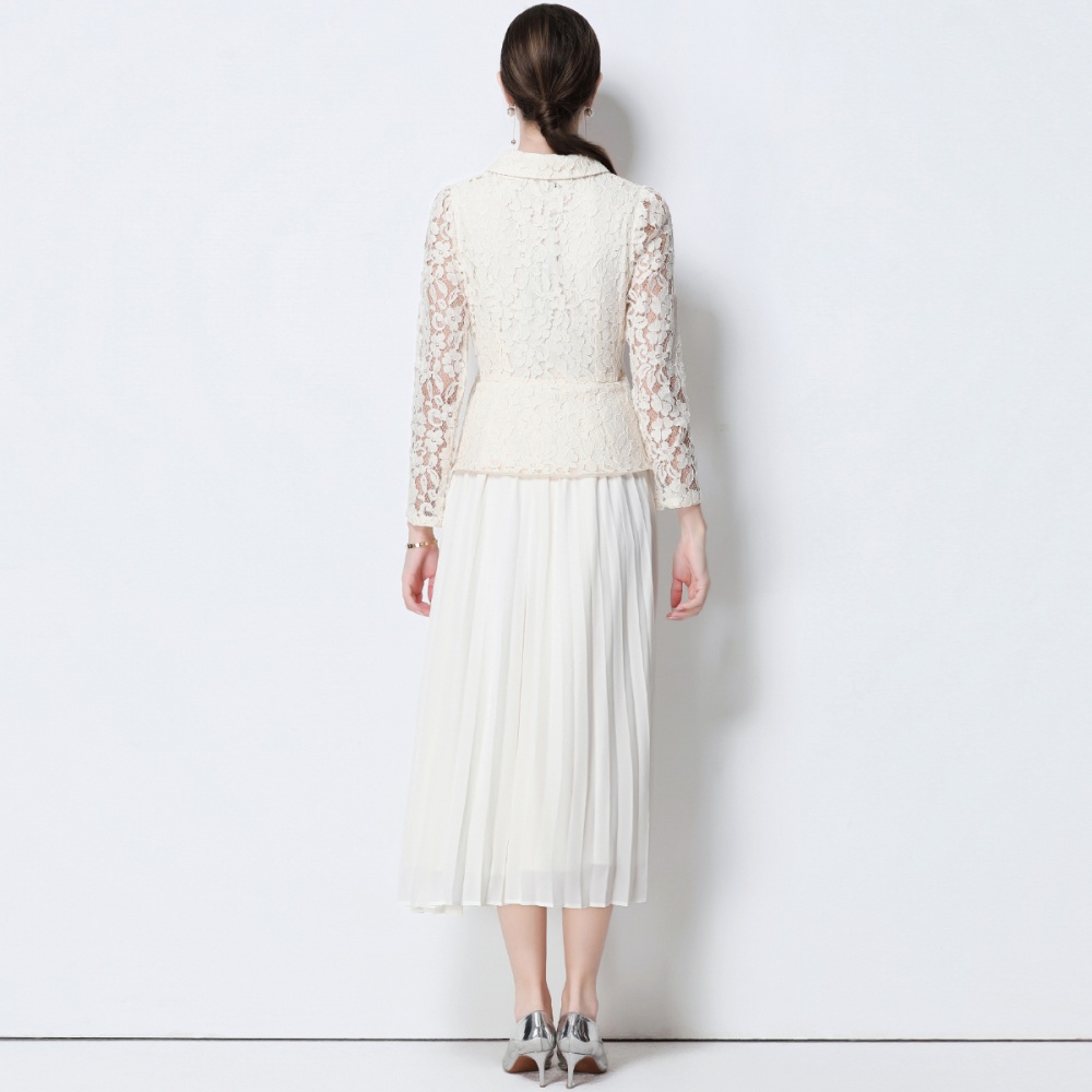 Lace retro long dress pinched waist dress for women