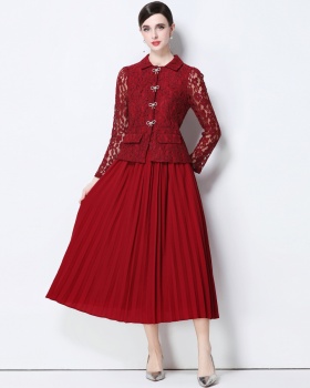Pinched waist temperament long dress lace pleated dress