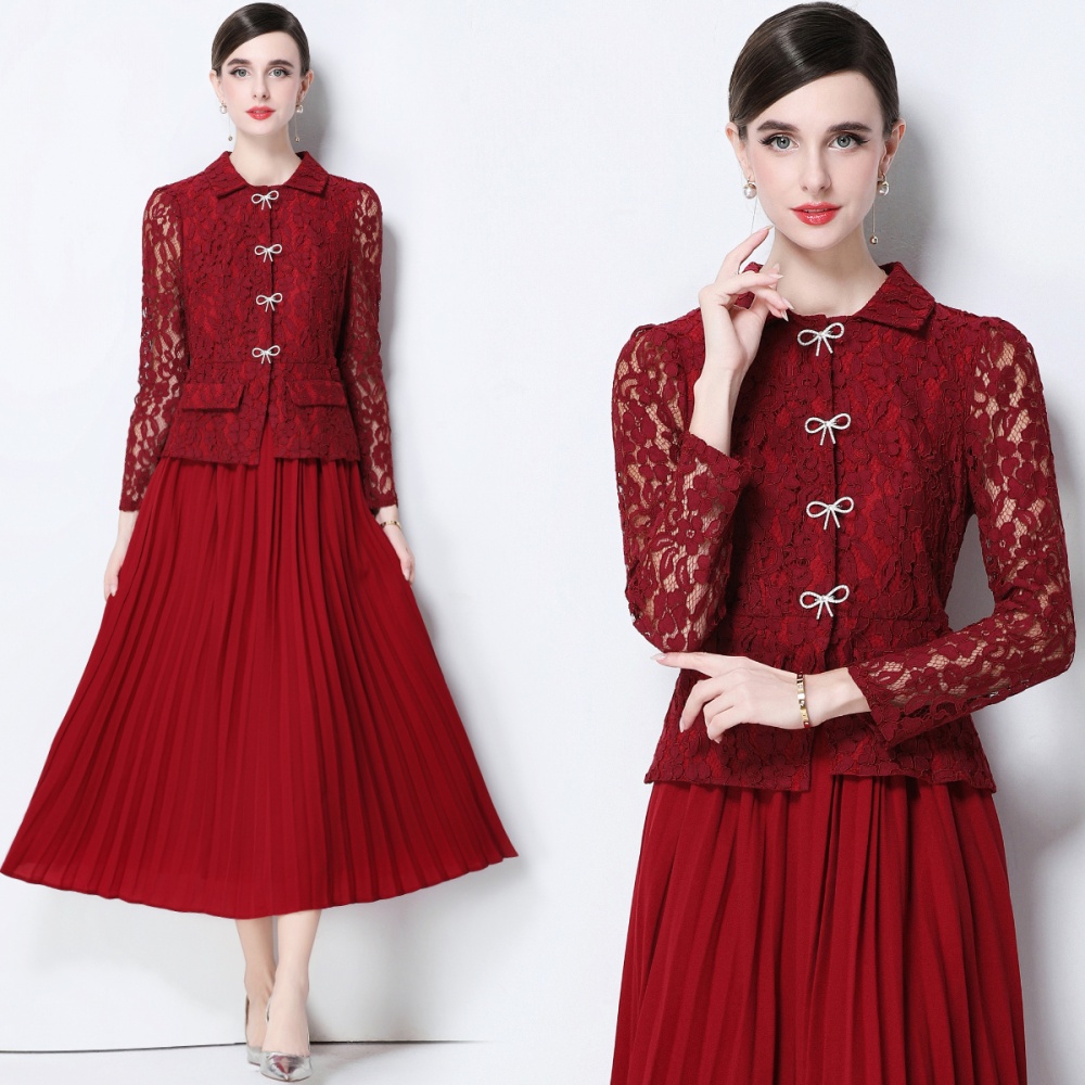 Pinched waist temperament long dress lace pleated dress