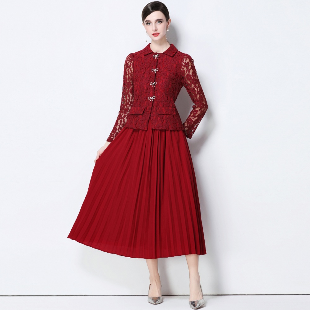 Pinched waist temperament long dress lace pleated dress