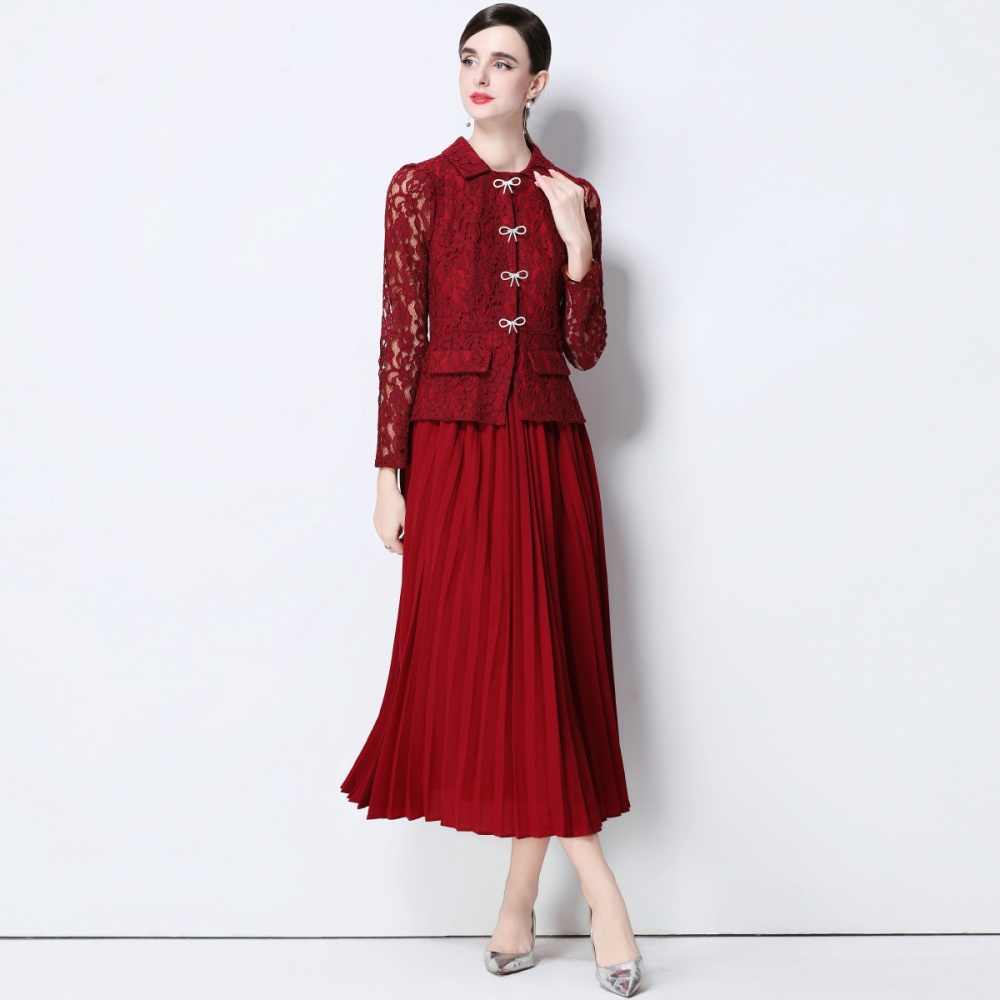Pinched waist temperament long dress lace pleated dress