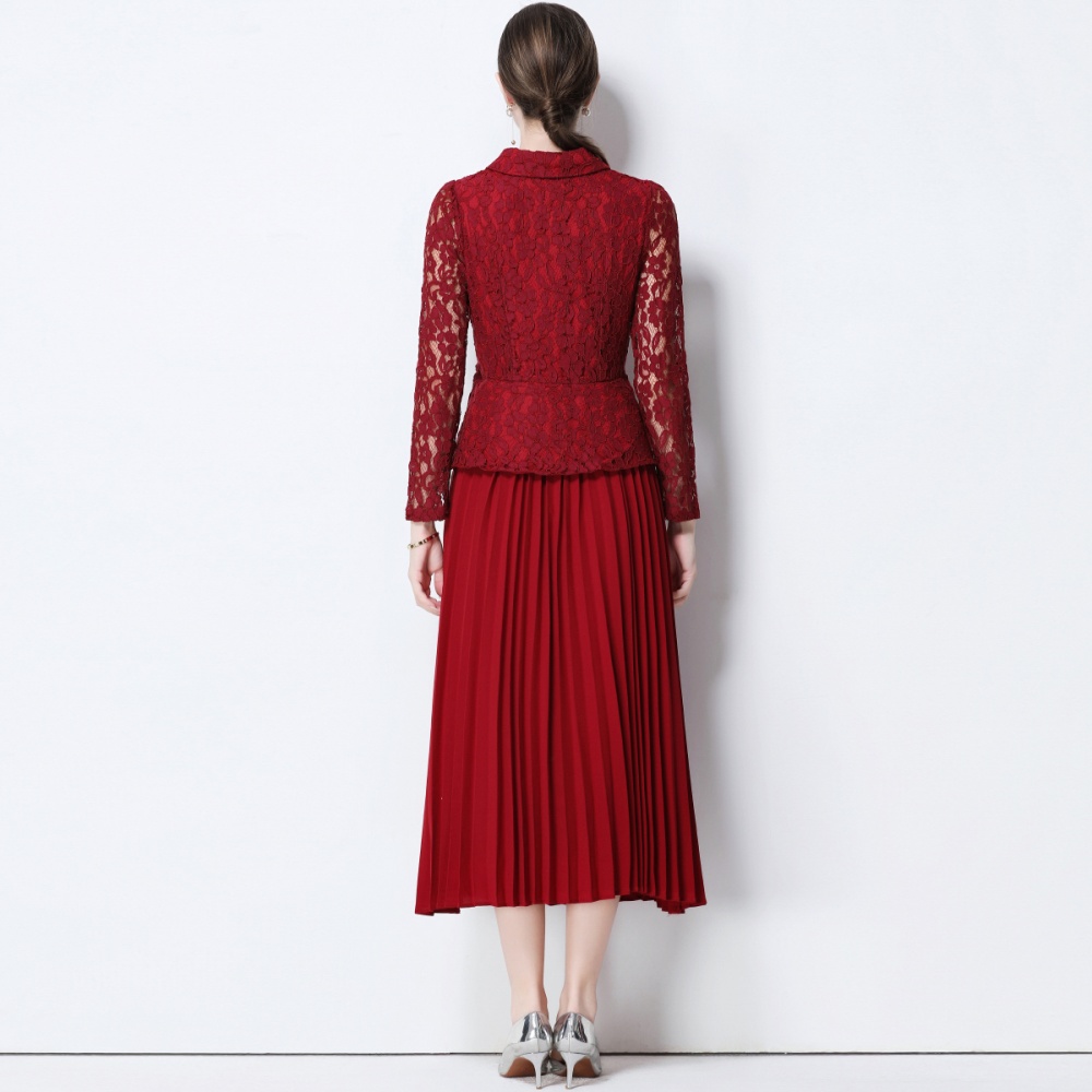 Pinched waist temperament long dress lace pleated dress