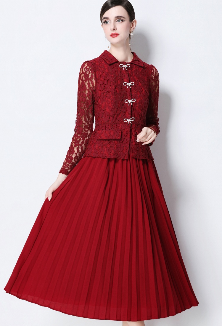 Pinched waist temperament long dress lace pleated dress