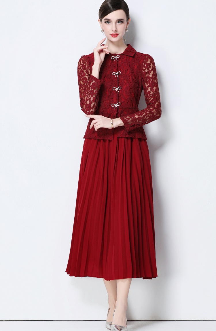Pinched waist temperament long dress lace pleated dress