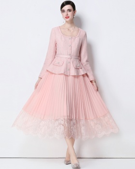 Pinched waist Pseudo-two dress pleated long dress