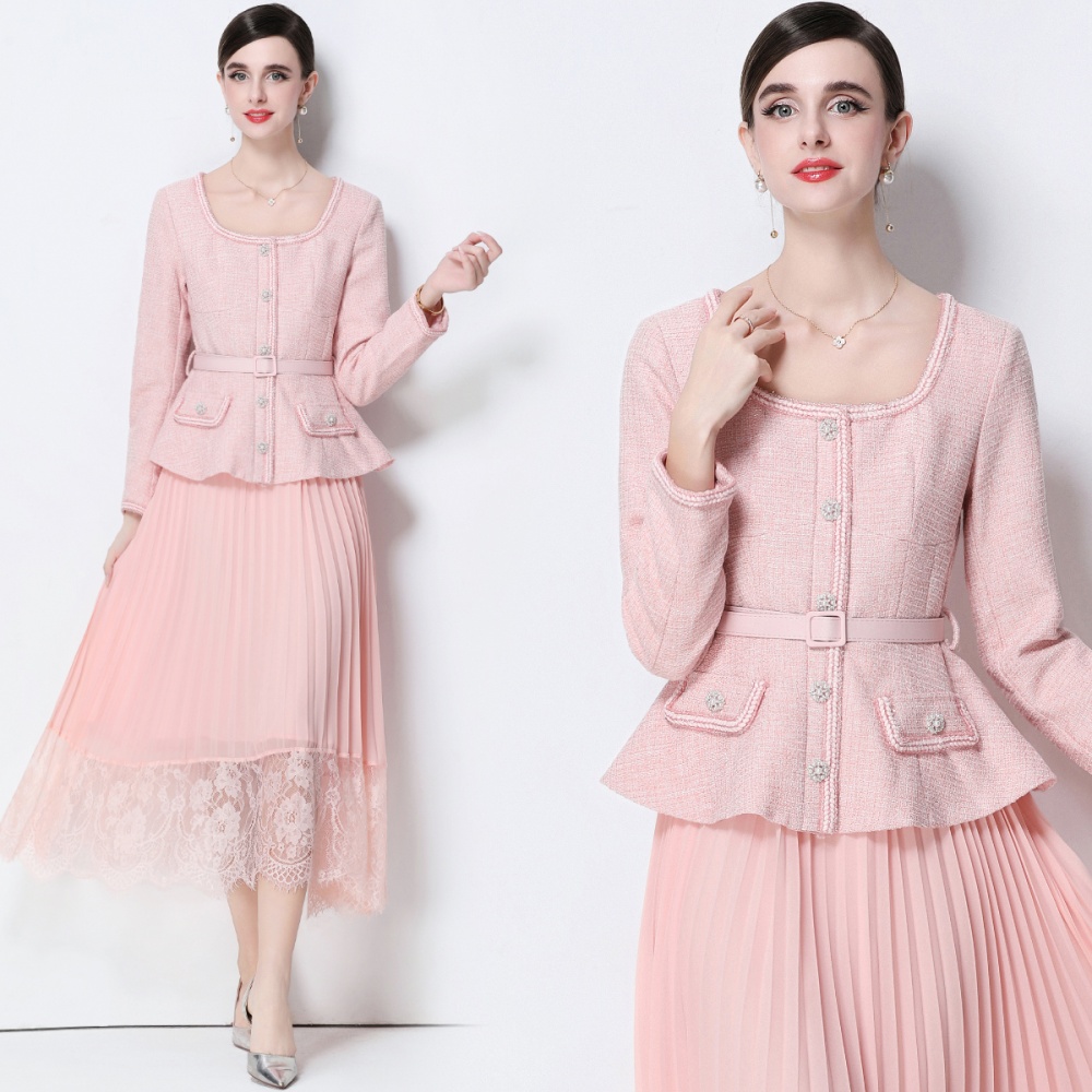 Pinched waist Pseudo-two dress pleated long dress