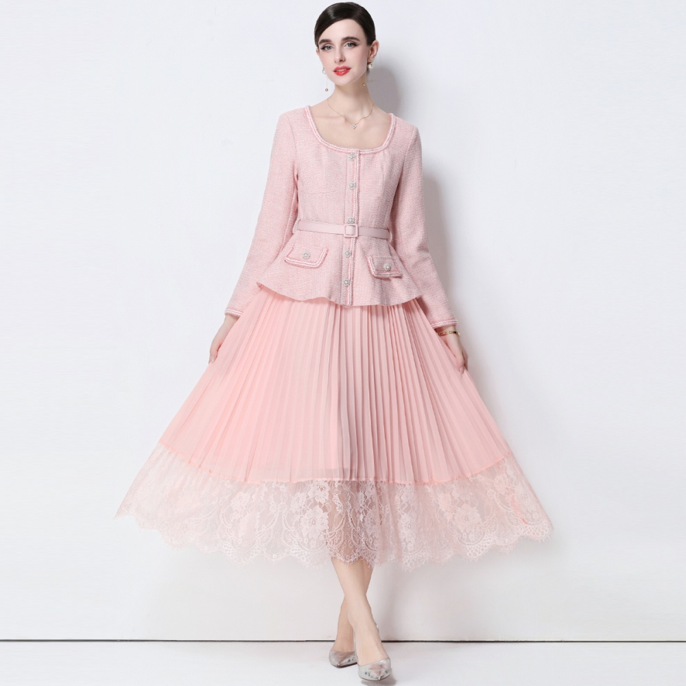 Pinched waist Pseudo-two dress pleated long dress