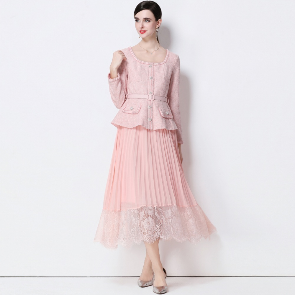 Pinched waist Pseudo-two dress pleated long dress