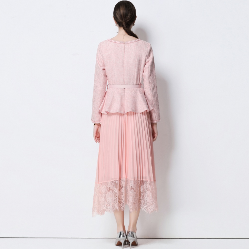 Pinched waist Pseudo-two dress pleated long dress
