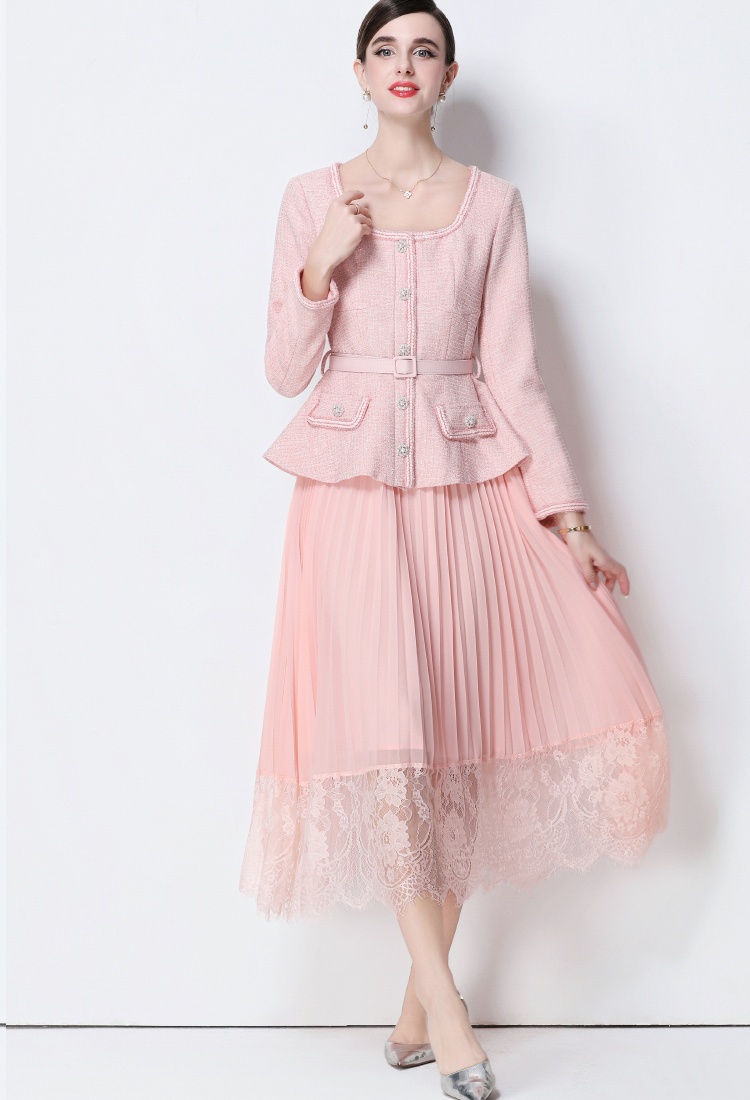 Pinched waist Pseudo-two dress pleated long dress