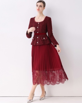 Pseudo-two pleated long dress chanelstyle dress for women