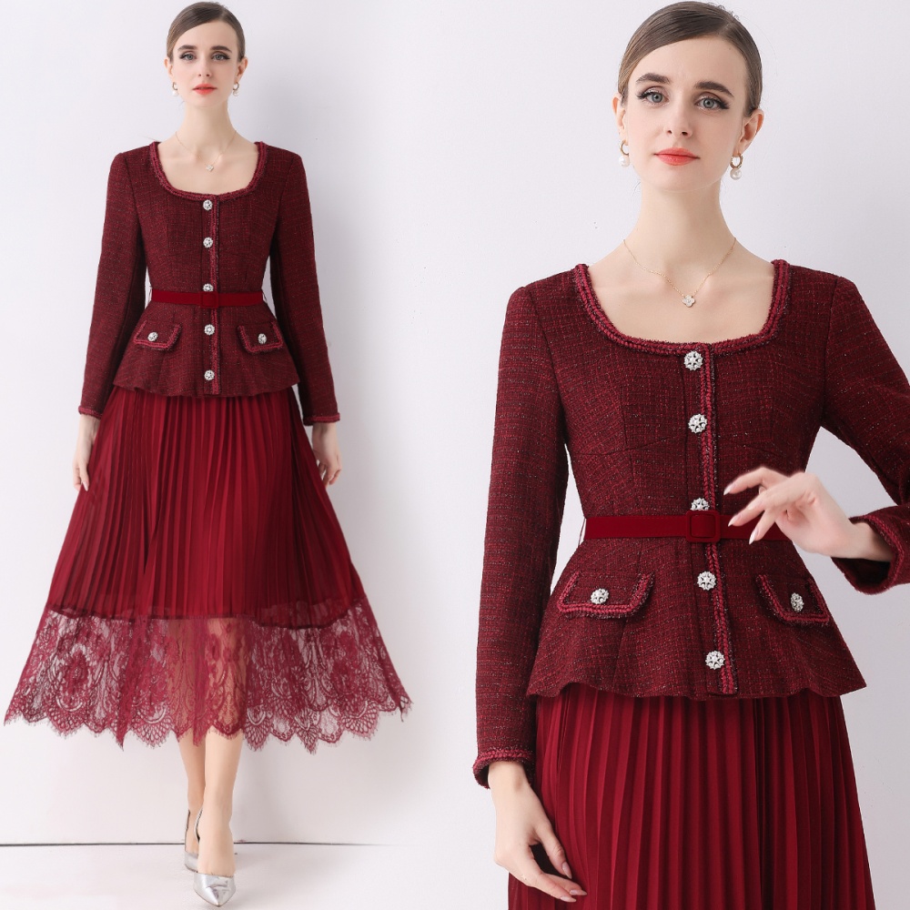 Pseudo-two pleated long dress chanelstyle dress for women