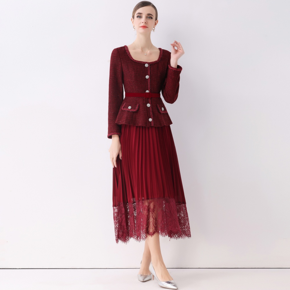 Pseudo-two pleated long dress chanelstyle dress for women