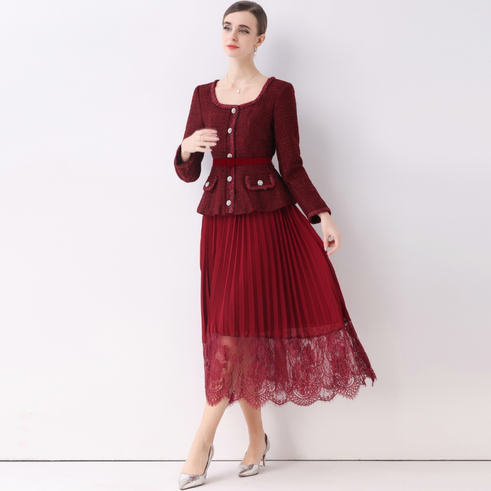 Pseudo-two pleated long dress chanelstyle dress for women