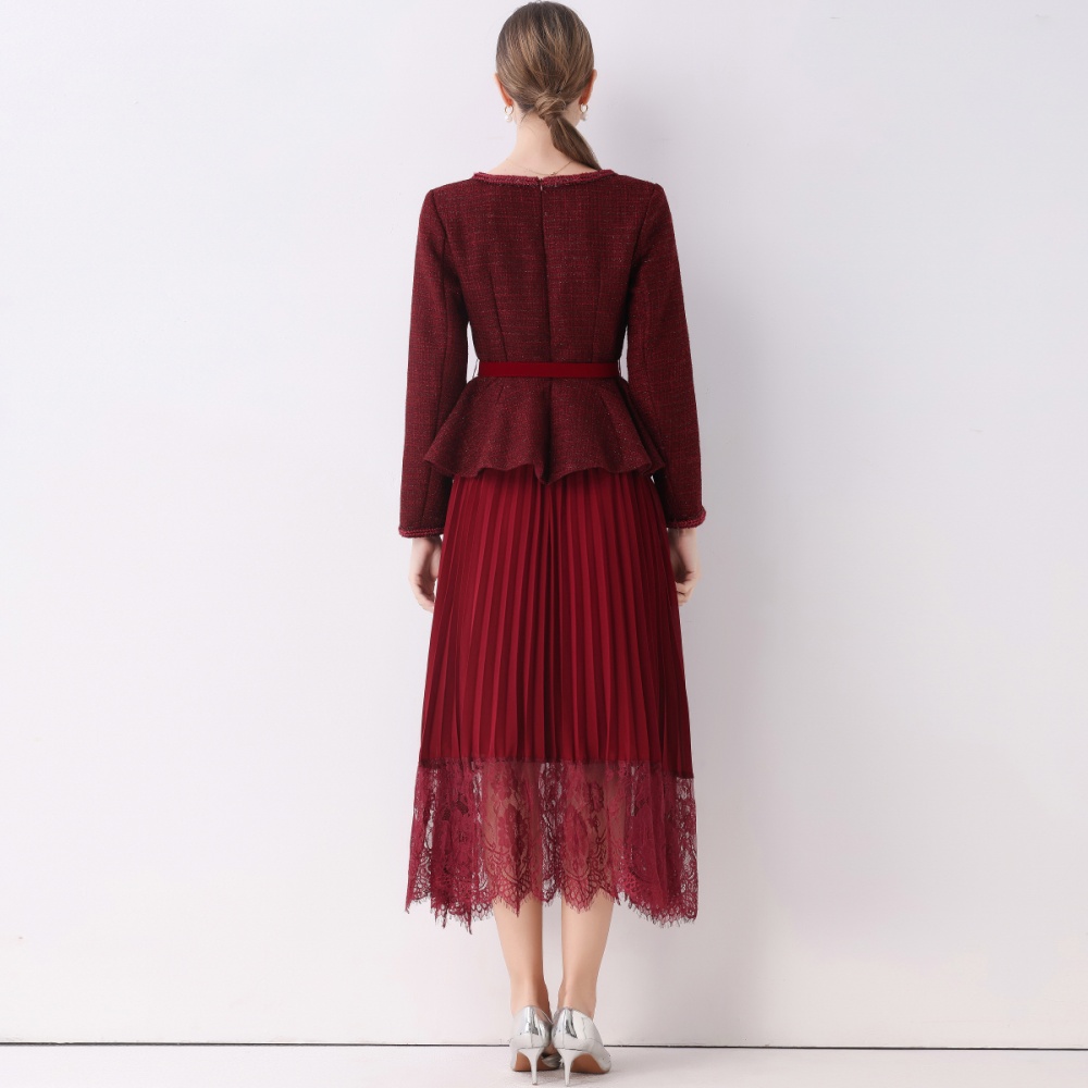 Pseudo-two pleated long dress chanelstyle dress for women