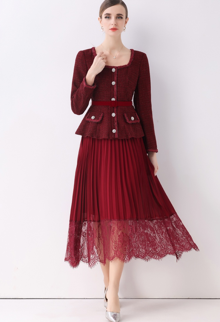 Pseudo-two pleated long dress chanelstyle dress for women