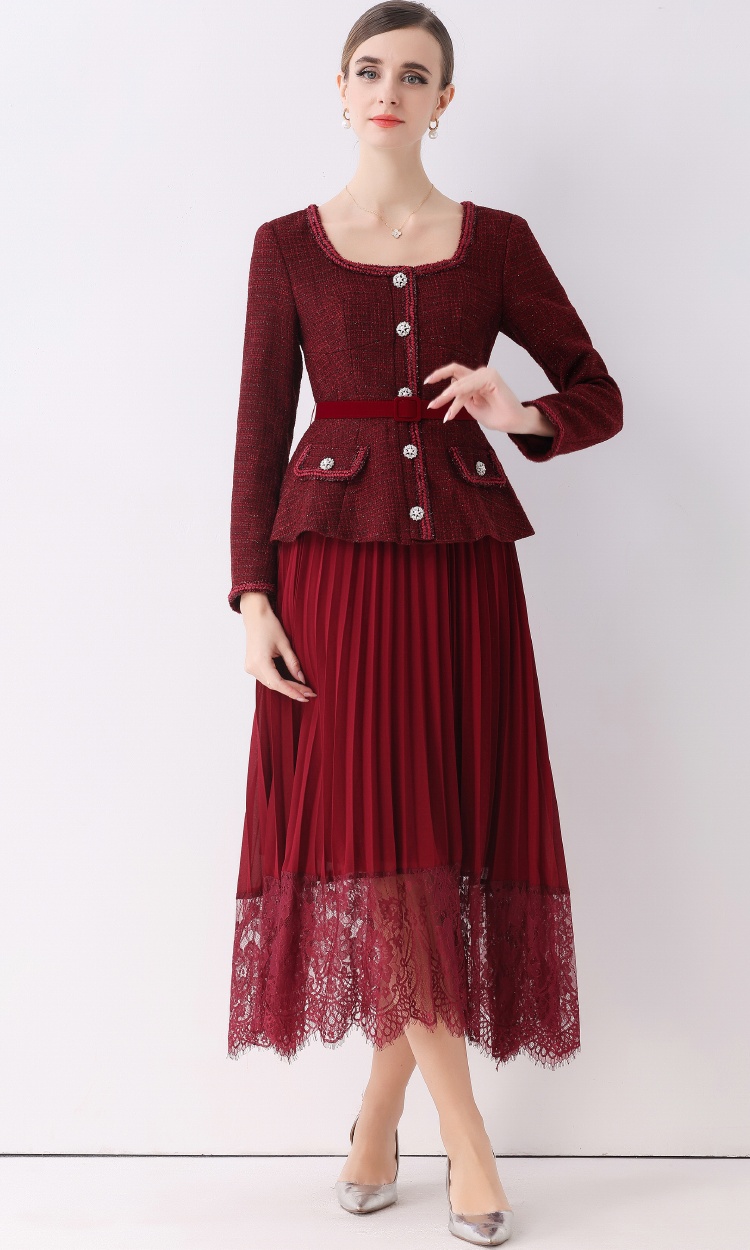 Pseudo-two pleated long dress chanelstyle dress for women