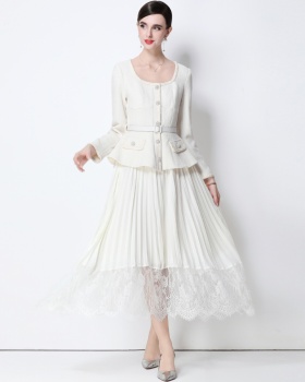 Pseudo-two with belt dress pleated elegant long dress