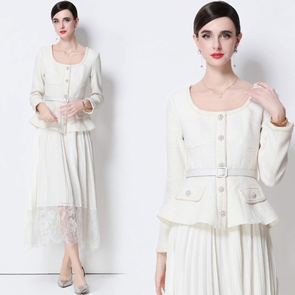 Pseudo-two with belt dress pleated elegant long dress