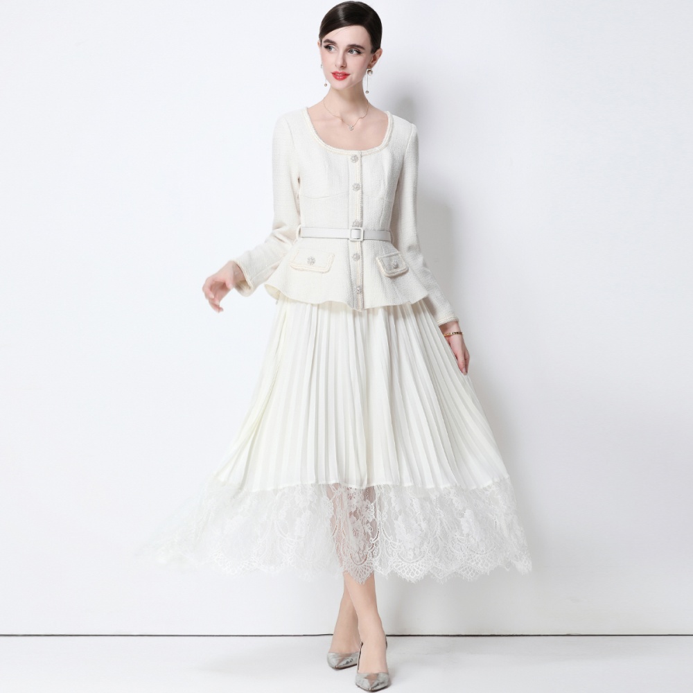 Pseudo-two with belt dress pleated elegant long dress
