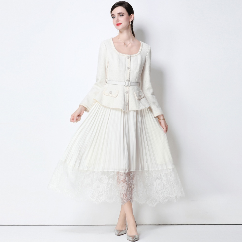 Pseudo-two with belt dress pleated elegant long dress