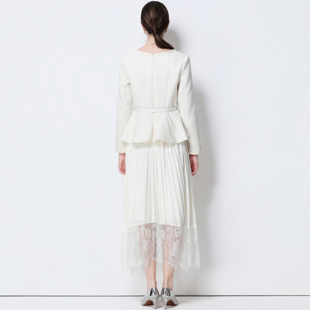 Pseudo-two with belt dress pleated elegant long dress