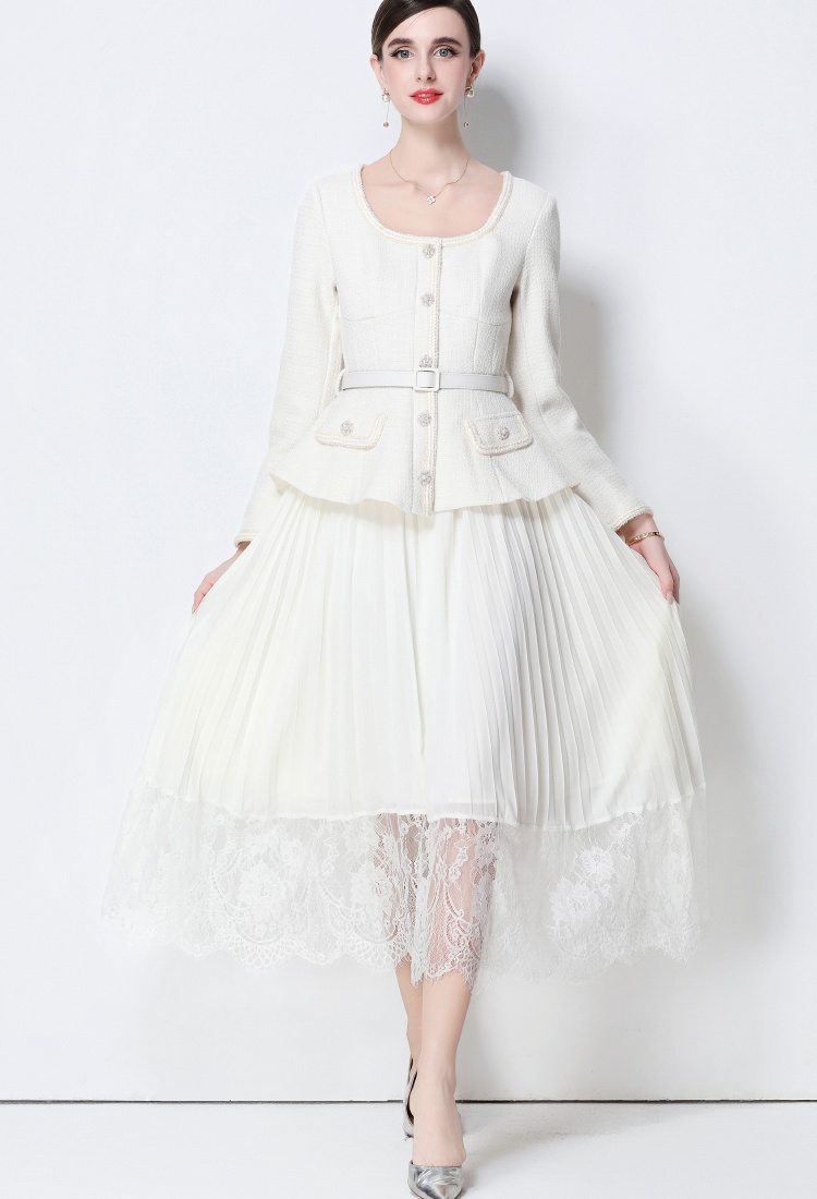 Pseudo-two with belt dress pleated elegant long dress