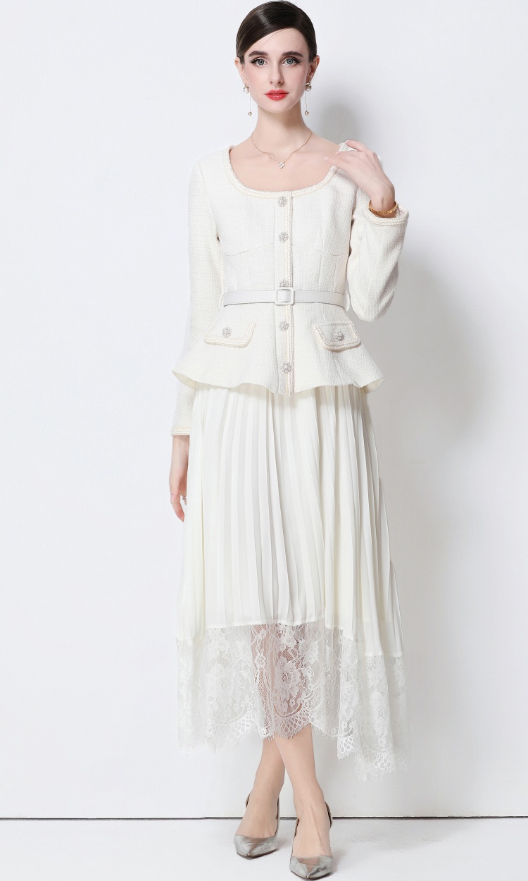 Pseudo-two with belt dress pleated elegant long dress