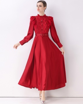Long sleeve retro dress long with belt long dress