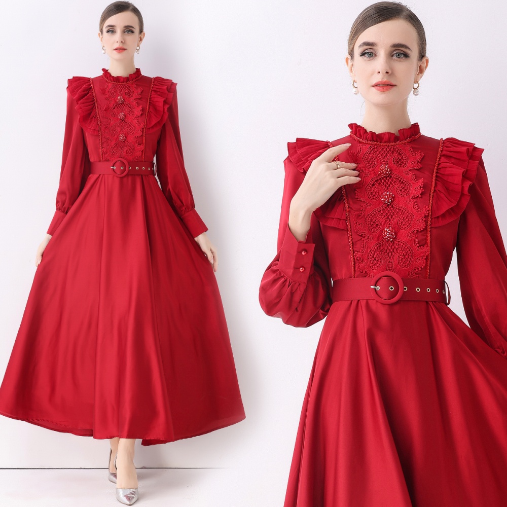 Long sleeve retro dress long with belt long dress