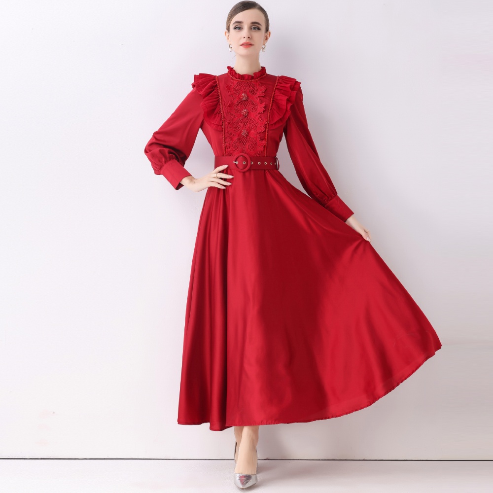 Long sleeve retro dress long with belt long dress