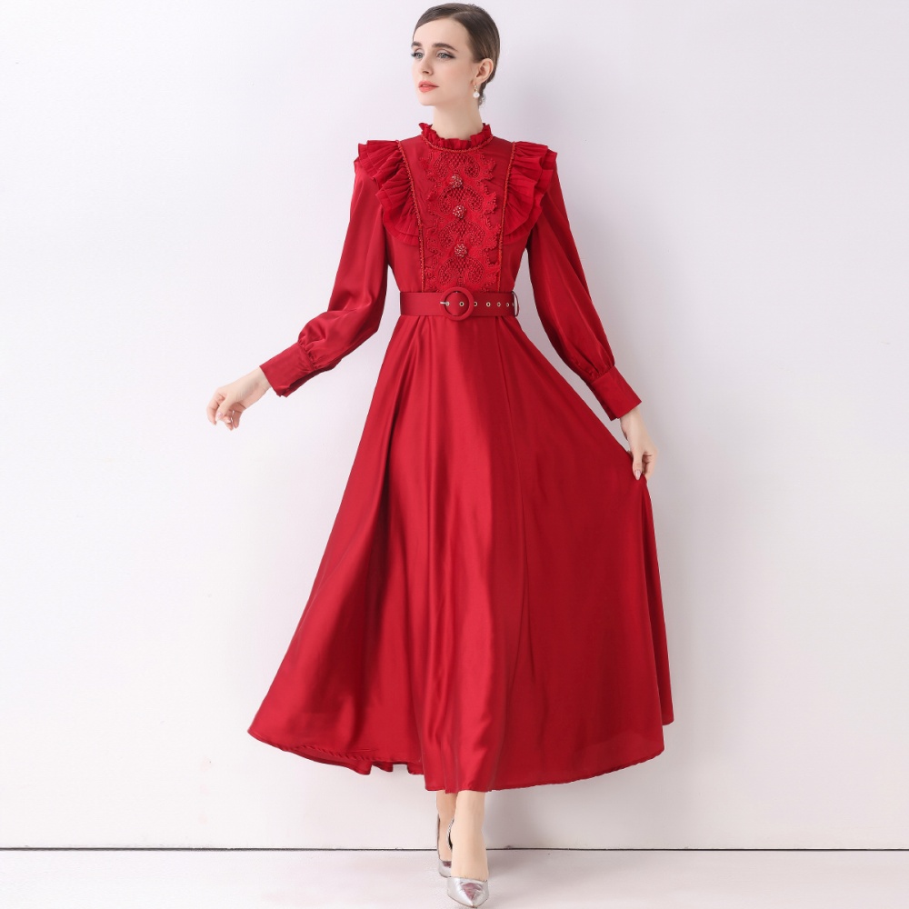 Long sleeve retro dress long with belt long dress