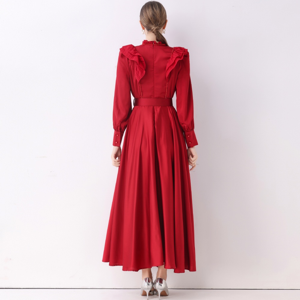 Long sleeve retro dress long with belt long dress