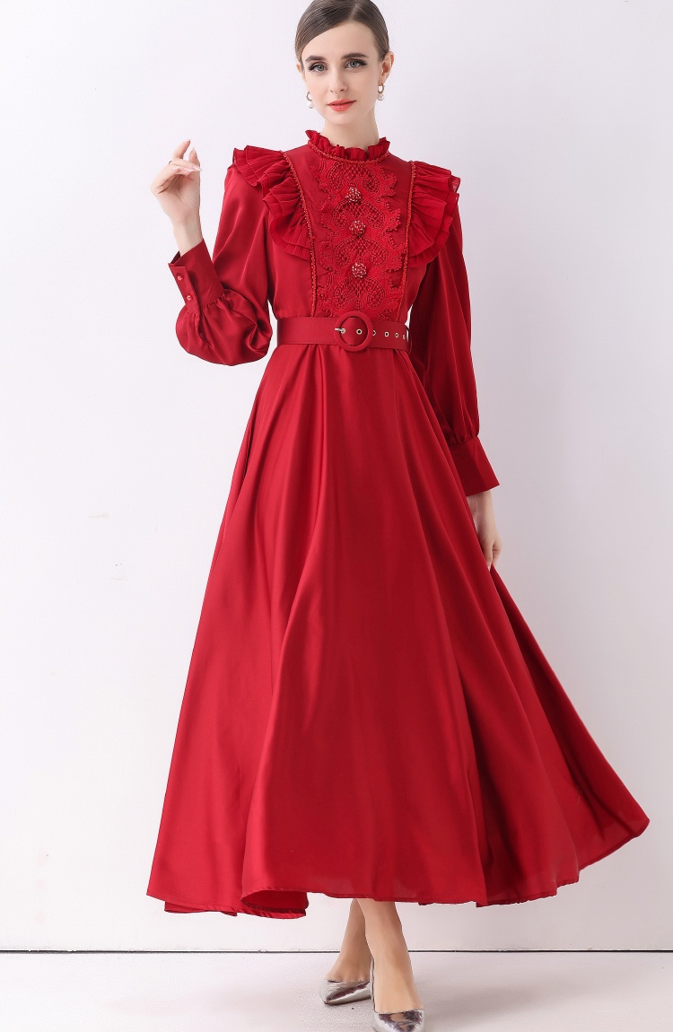 Long sleeve retro dress long with belt long dress