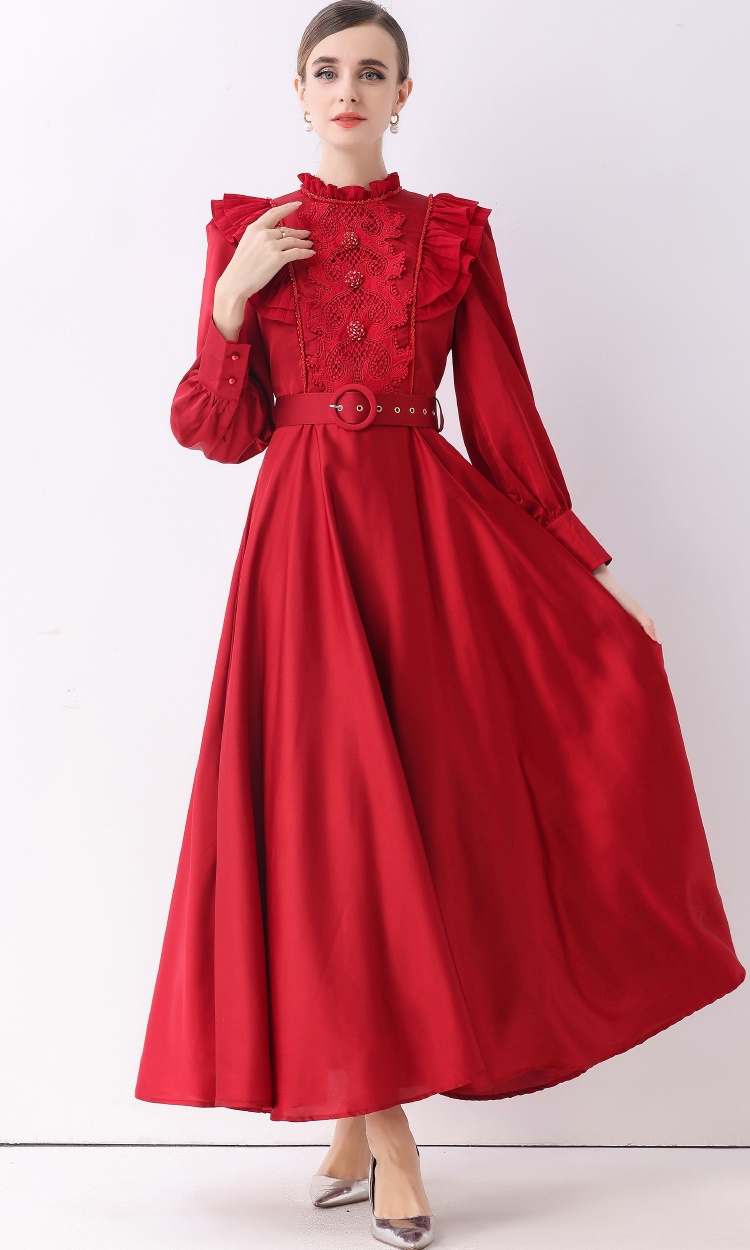 Long sleeve retro dress long with belt long dress