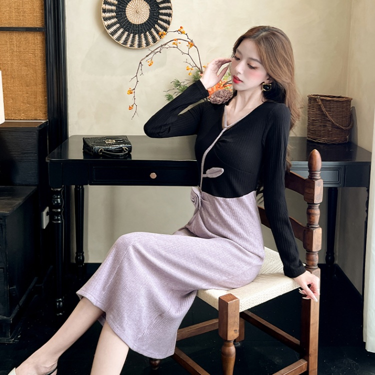 France style autumn and winter V-neck flowers dress