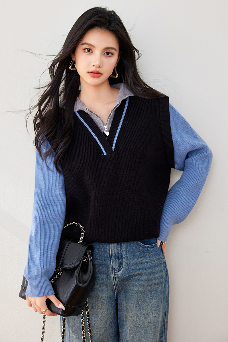 Splice Korean style sweater V-neck pullover tops