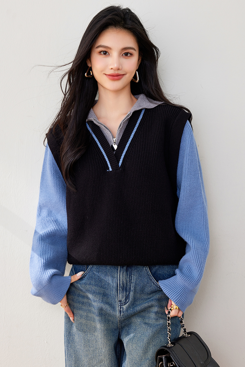 Splice Korean style sweater V-neck pullover tops