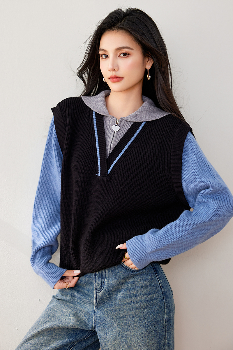 Splice Korean style sweater V-neck pullover tops