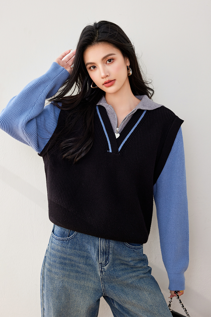 Splice Korean style sweater V-neck pullover tops