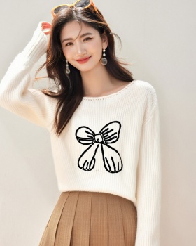Wear embroidery all-match loose bow long sleeve sweater