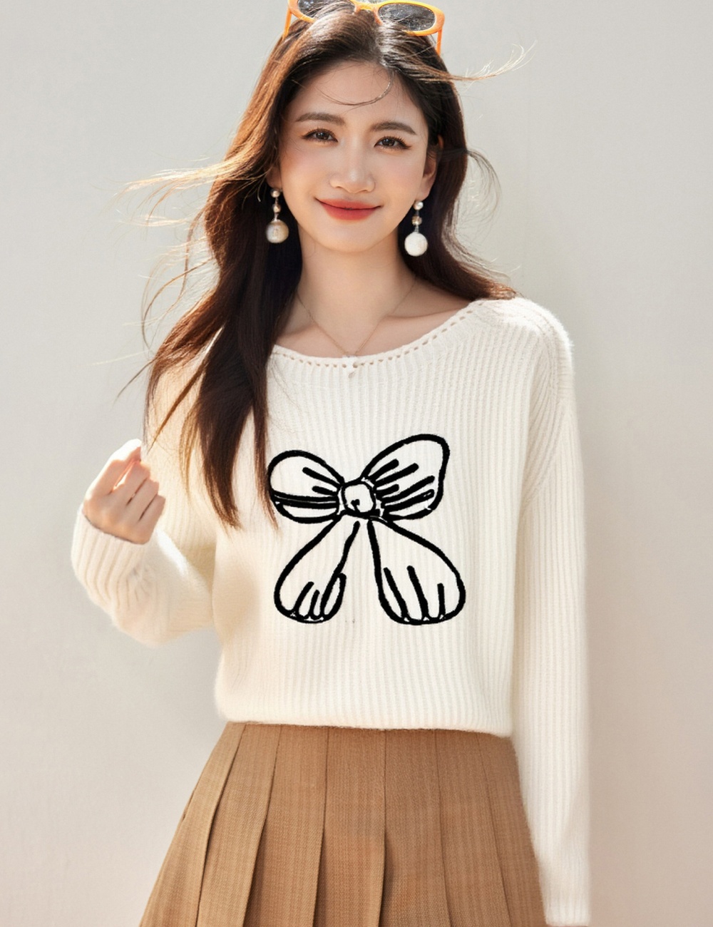 Wear embroidery all-match loose bow long sleeve sweater